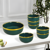 Elegant Green Glossy 7-Piece Ceramic Dessert & Pudding Set with Gold Lining | Premium Gift Box Packing